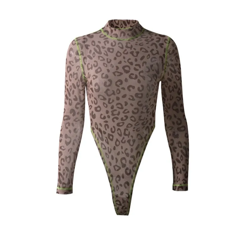 

FORERUN Leopard Bodysuit Women Sexy Bodycon Long Sleeve See Though Mesh Bodysuits Autumn Winter Club Streetwear Overalls