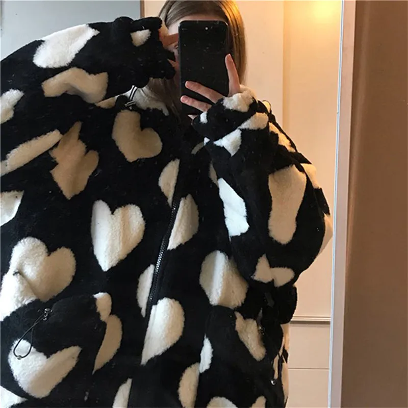 Женская плюшевая куртка в стиле Харадзюку 90-х годов с принтом виде сердца Женское