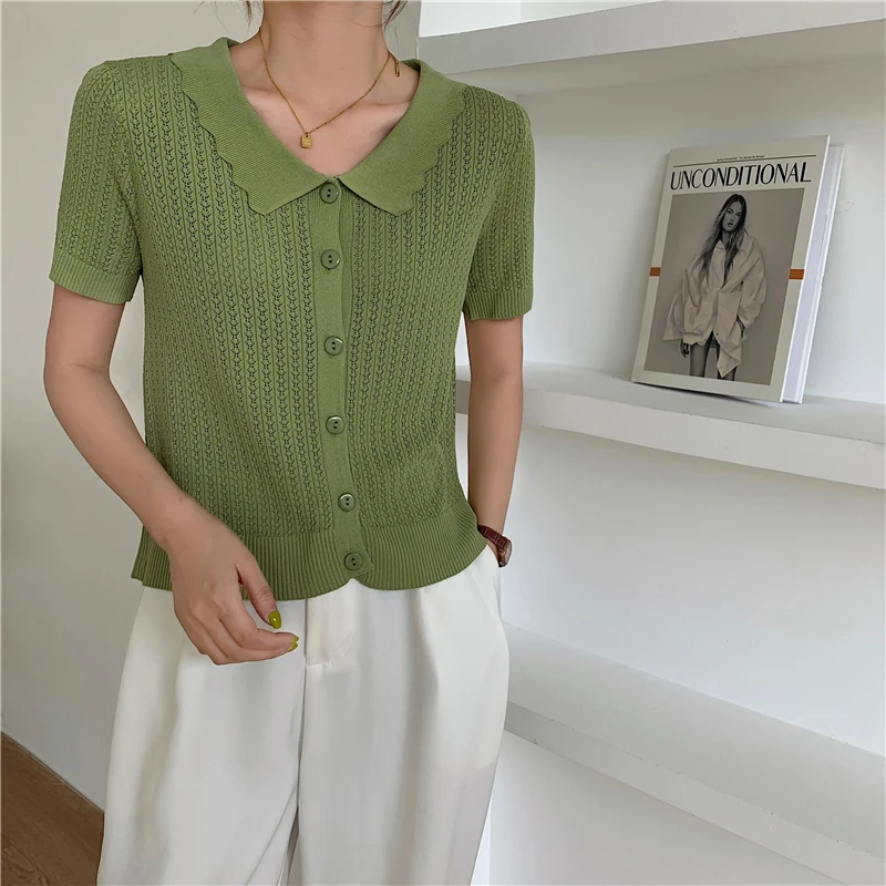 

Alien Kitty 2021 New Summer Women Female Solid Sleeve Fashion All-Match Clothes Office Lady Blouse Knitted Slim Turn-Down Collar