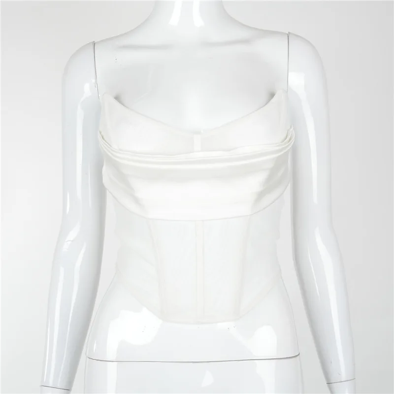 

VIBESOOTD Sexy Strapless Boned Corset Crop Tops for Women Club Party Backless White Mesh See Through Bustier Top Cropped 2021