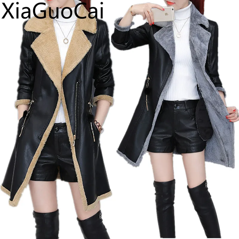 Кожаные женские длинные пальто осенние и зимние теплые тонкие куртки кожаные