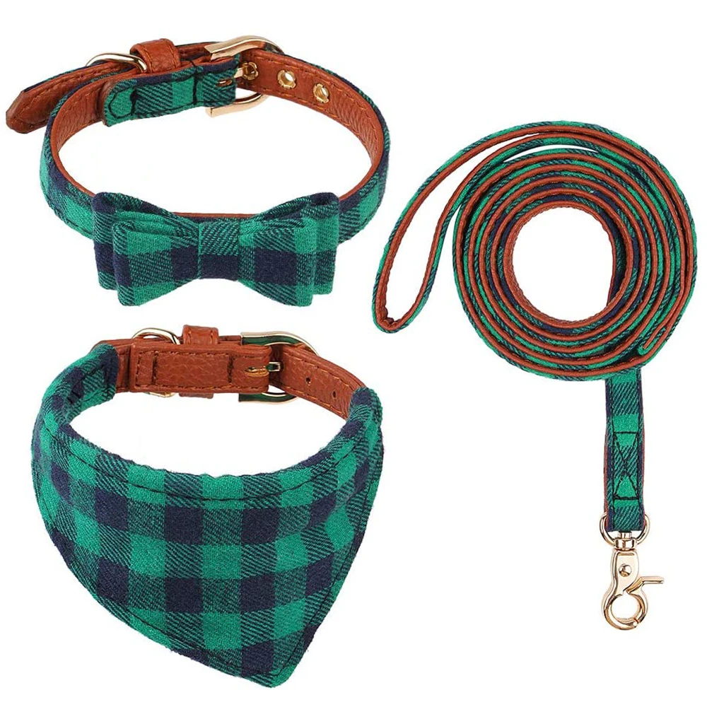 

Bow Tie Dog Collar and Leash Set Classic Plaid Adjustable Dogs Bandana and Leather Collars for Puppy Cats 3 PCS Green&Red&Blue