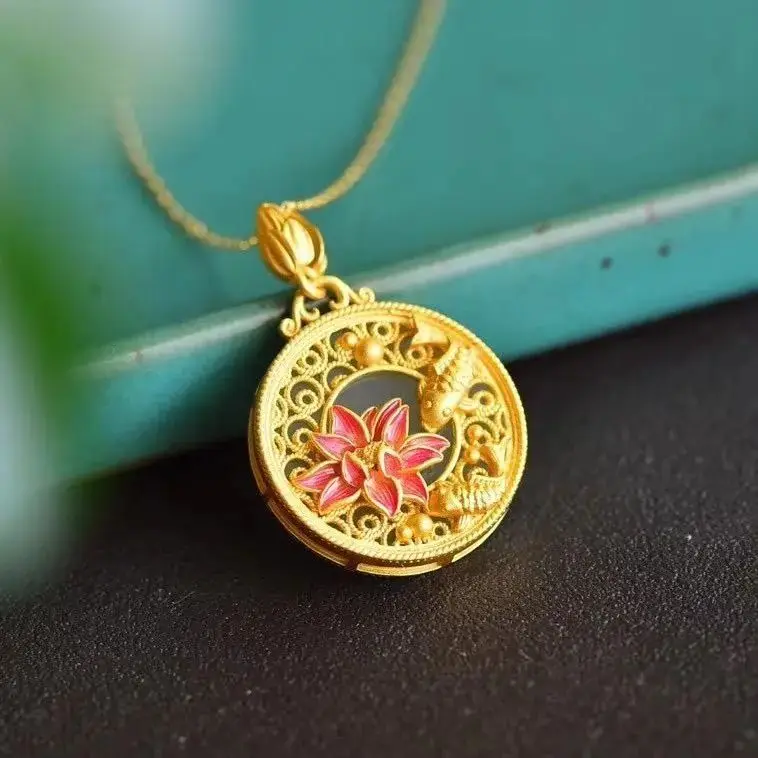 Натуральное белое нефритовое эмалевое фарфоровое колье с круглым подвесом в виде лотоса в китайском стиле с ретро-узором - украшение для женщин.