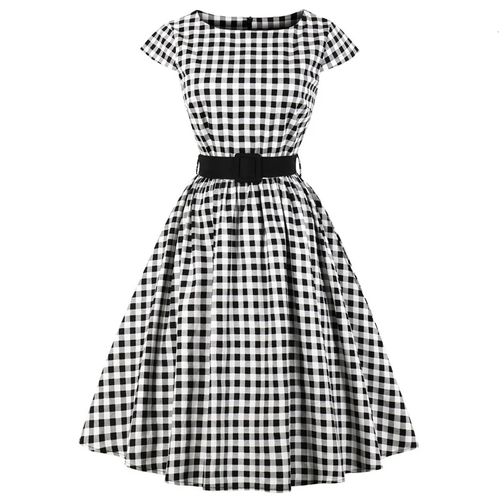 Женское винтажное платье с коротким рукавом Yocalor черное клетчатое