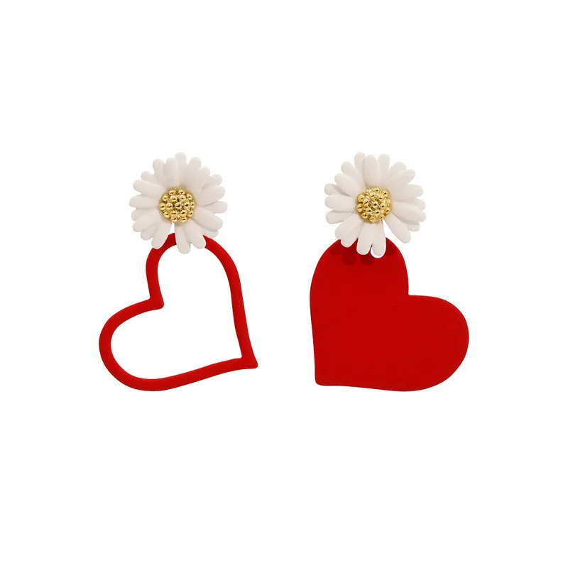 Korean Fashion Women Earrings Wedding Jewelry Accessoire  Statement Sweet Asymmetric Daisy Love Flower Earrings