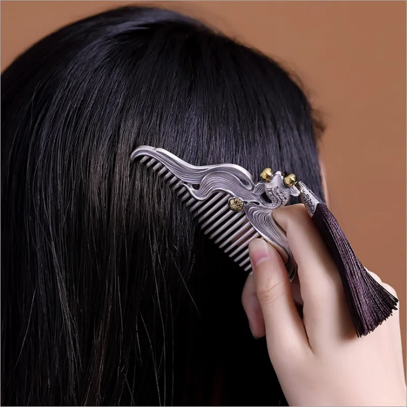 Женский гребень для волос из серебра 999 пробы с золотыми рыбками | Украшения и