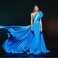 blue mermaid long prom dresses pleated wrap train shiny sequin beaded halter neck prom gowns one shoulder split party dress