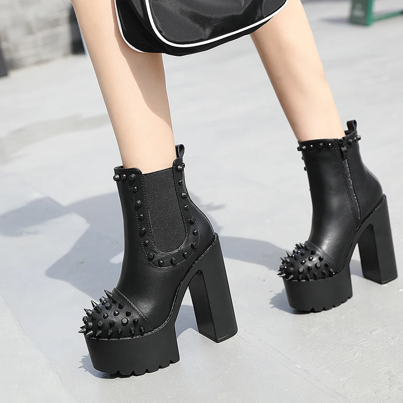 

CJDLY 2020 Gothic Black Ankle Boots For Women Plus High Heel Female Shoes Nigh Club Black Sexy Rivets High heels Short Boots