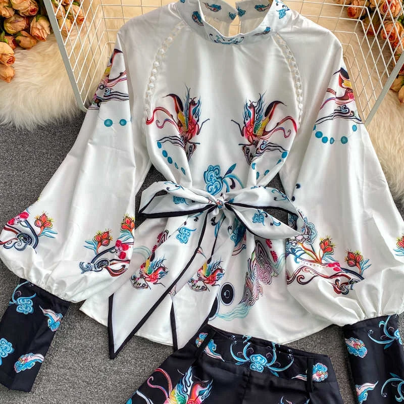 

Women Printing Stand Neck Shirt Shorts Arrivals Two Piece Set Fashion Temperament Autumn