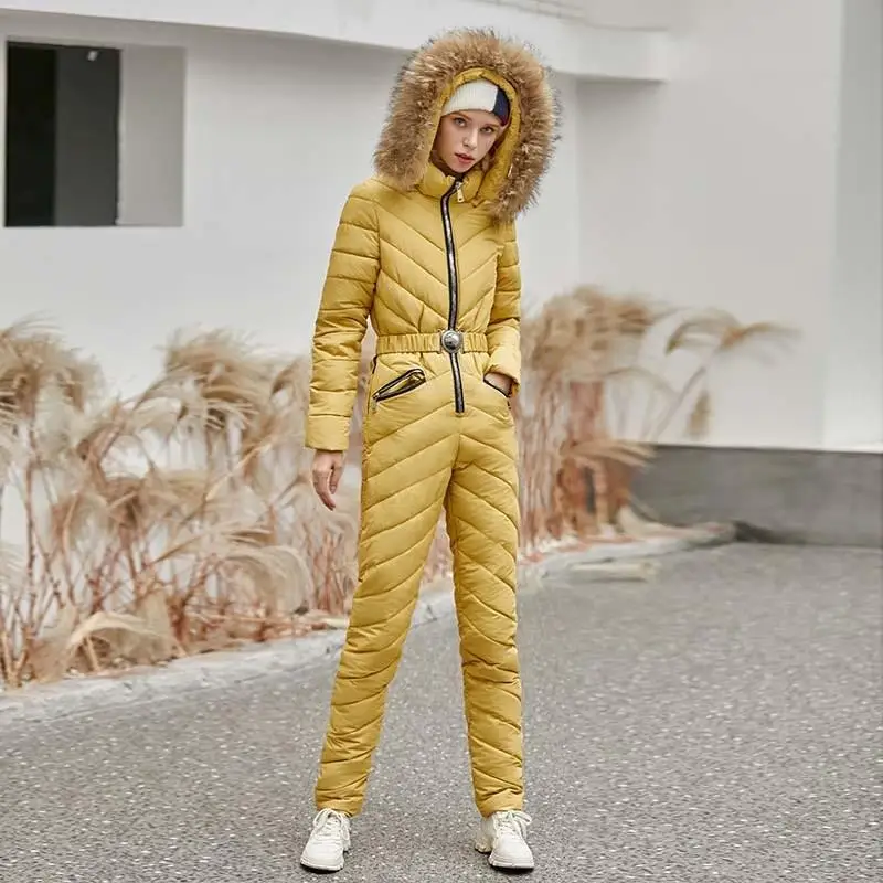Зимние теплые комбинезоны с капюшоном карманами Женская парка элегантные хлопковой подкладкой поясом