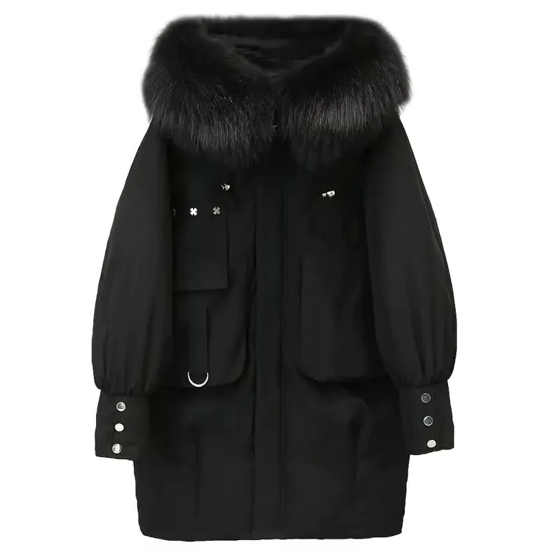 

Winter Fur Collar Women Parka Coat Cotton Padded Jacket Hooded Long Coat Windproof Zipper Plus Size Outerwear Big Pocket