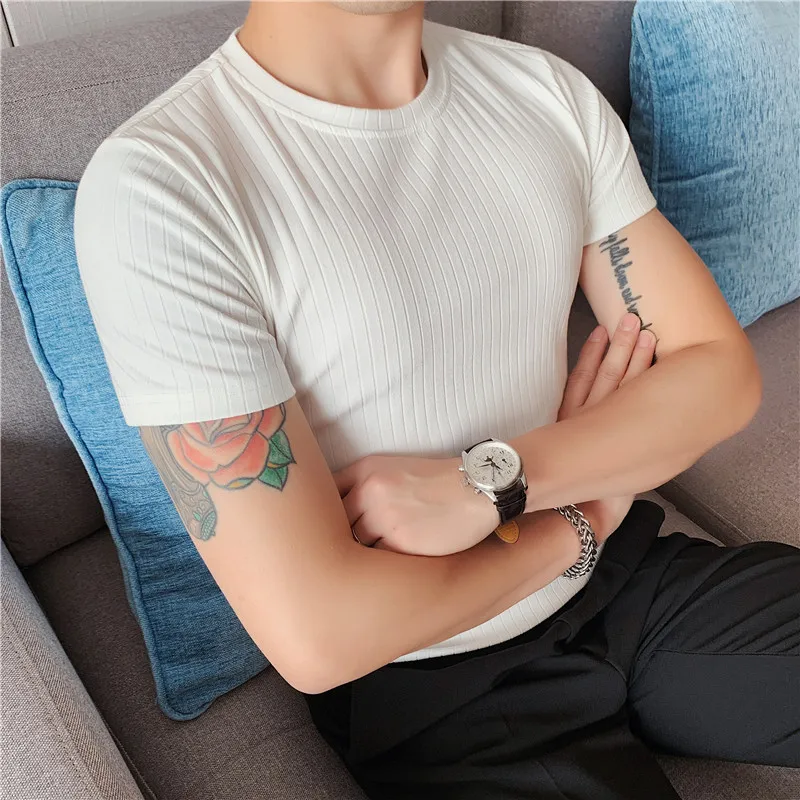 

2021 Summer New Boutique Knitted Fashion Striped Men's Casual Round Neck Short-sleeved T-shirt Stretch Men's Slim T-shirts