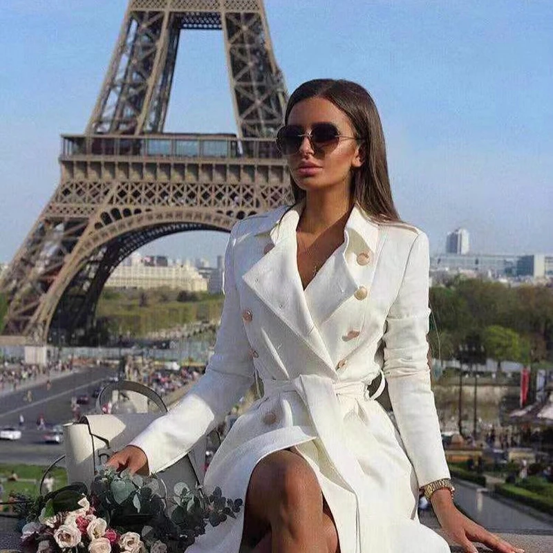 

Women White Wool Blends Vintage Double Breasted Coats Casual Loose Sashes Long Female England Thick Warm Outerwear