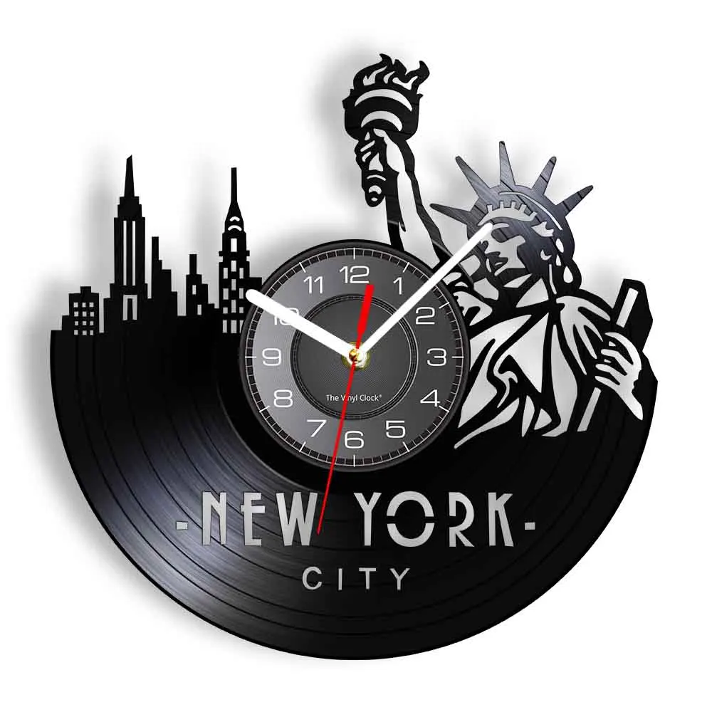 New York Cityscape Modern Wall Clock Made of Gramophone Record Statue of Liberty Landmarks Wall Watch With LED Backlight Artwork