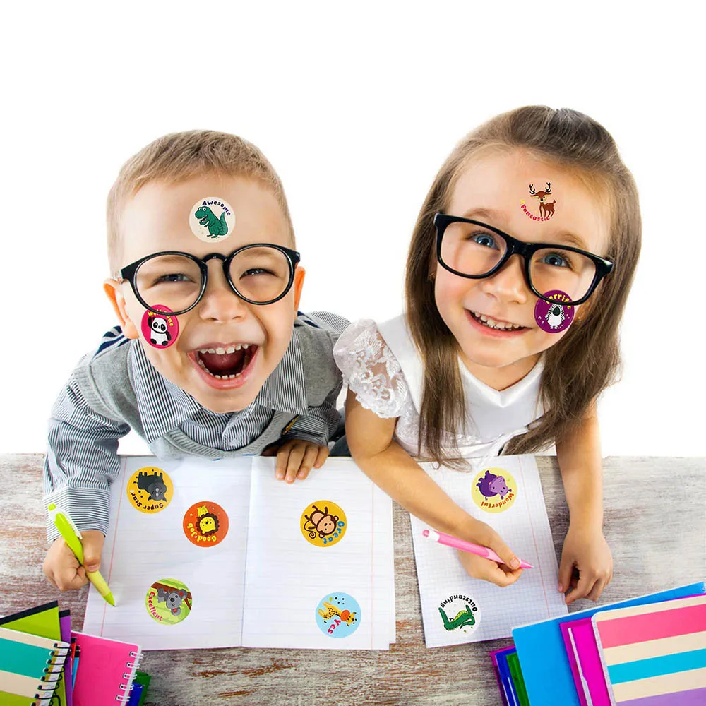 Pegatinas de recompensa para ni&ntilde;os, pegatinas motivacionales de 1 pulgada con animales para estudiantes de recompensa, rollo por 500 Uds.-5