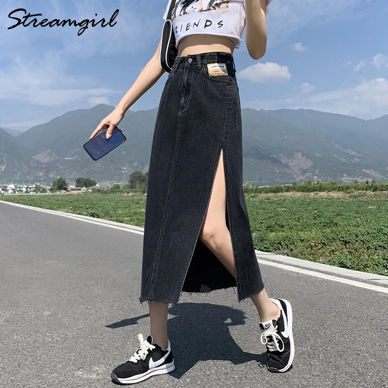 

Streamgirl OL Denim Split Skirt Woman 2021 Summer Side Split Skirts Womens Black High Waist Tassel Long Jeans Skirt For Women