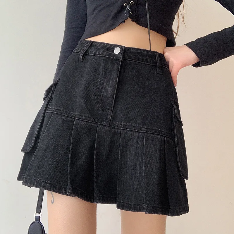 

Women's Fall and Winter Vintage Black Denim Skirt High Waist Slim Body Pleated A-line Skirt Female Korean Y2k Solid Color Skirts