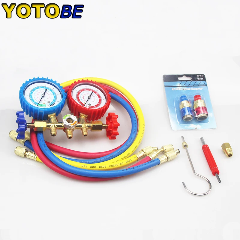 AC H/L R134 Quick Couplers Refrigerant R12 R22 R502 and R134a A/C Manifold Brass Gauge Set with 3pcs Charging Hoses