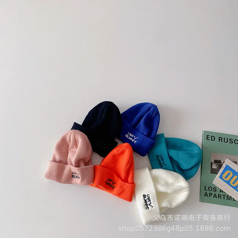

Pure Color Letter Embroidery Children's Knitting Cap Autumn Winter Personality Baby Curling Pullover Wool Hat
