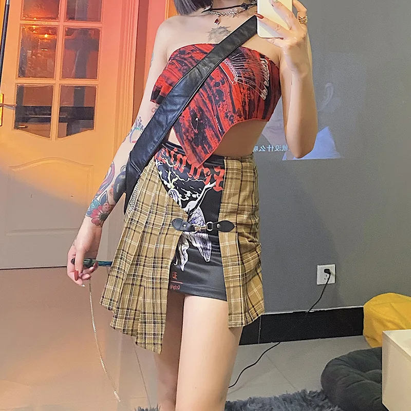

Summer Skirt Printed Plaid Stitching Irregular High Waist Slim Half-Length Pleated Skirts Cute Sweet Girls Dance Mini New Women
