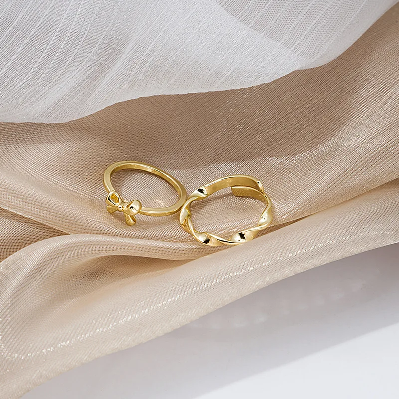 

2pcs/set Female Bow Design Minimalist Open Rings Gold Silver Metal Geometric Finger Rings for Women Girl Party Jewelry Wholesale