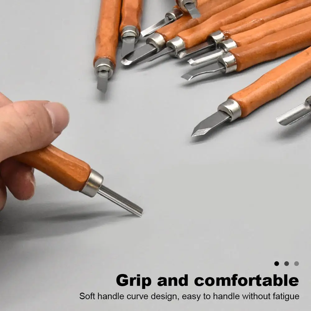 12pcs DIY Hand Crafts Cutter Graver Steel Woodcut Knife Woodworking Sculpture Wood Carving Tools Arts Wooden Handle Chisel Set |