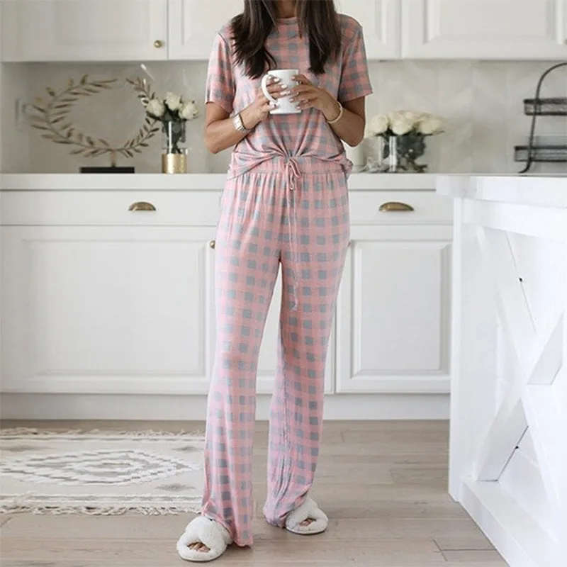 Summer Fashion Women Home Pajamas Set  Short Sleeve Round Collar Tops + Trousers Two Piece Sets Ladies Casual Suits