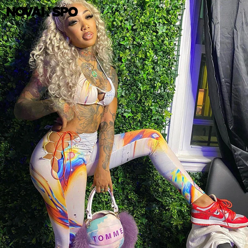 

NOVAINSPO Baddies Tie Dye Splicing Backless Halter Hollow Out Cropped Tops And Pants Suit For Women 2021 Hot Skinny Slim Outfits