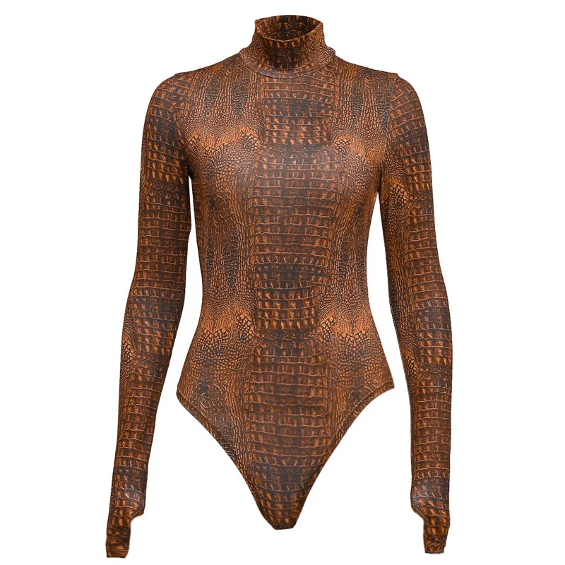Shstyle крокодил животных печати боди с высоким горлом женщин Bodycon сексуальный дикий длинный рукав коричневые тела Женская Клубная одежда осень - Цвет: brown