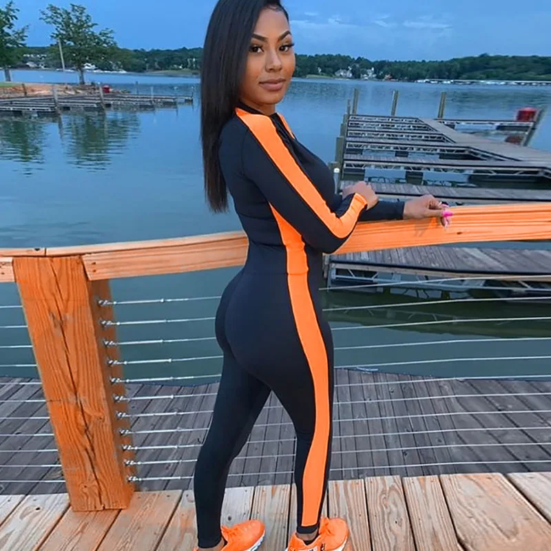 

Spring Women Sport Jumpsuit Striped Zipper Long Sleeve Bodycon Jumpsuit For Women Fitness Casual Women Outfits