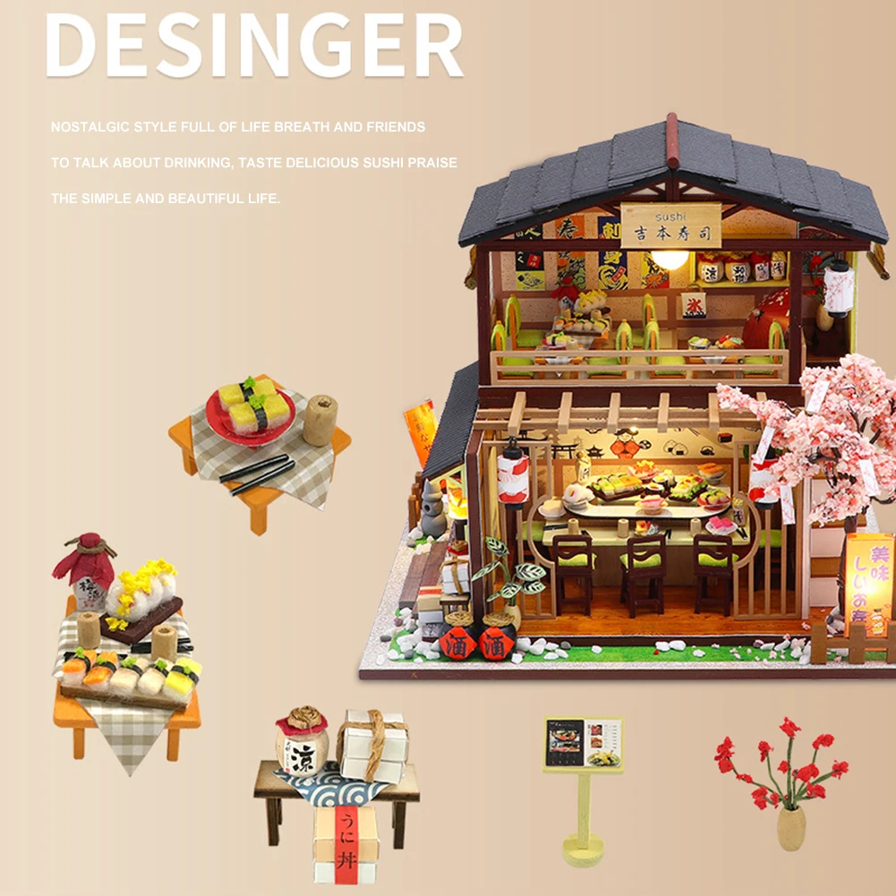 

Japanese Sushi Restaurant Wooden House Furniture Miniature Assembly 3D Building Princess Doll House Handmade Miniature