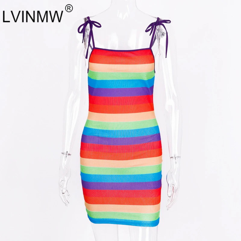LVINMW сексуальное платье в радужную полоску с вырезом лодочкой на шнуровке бантом