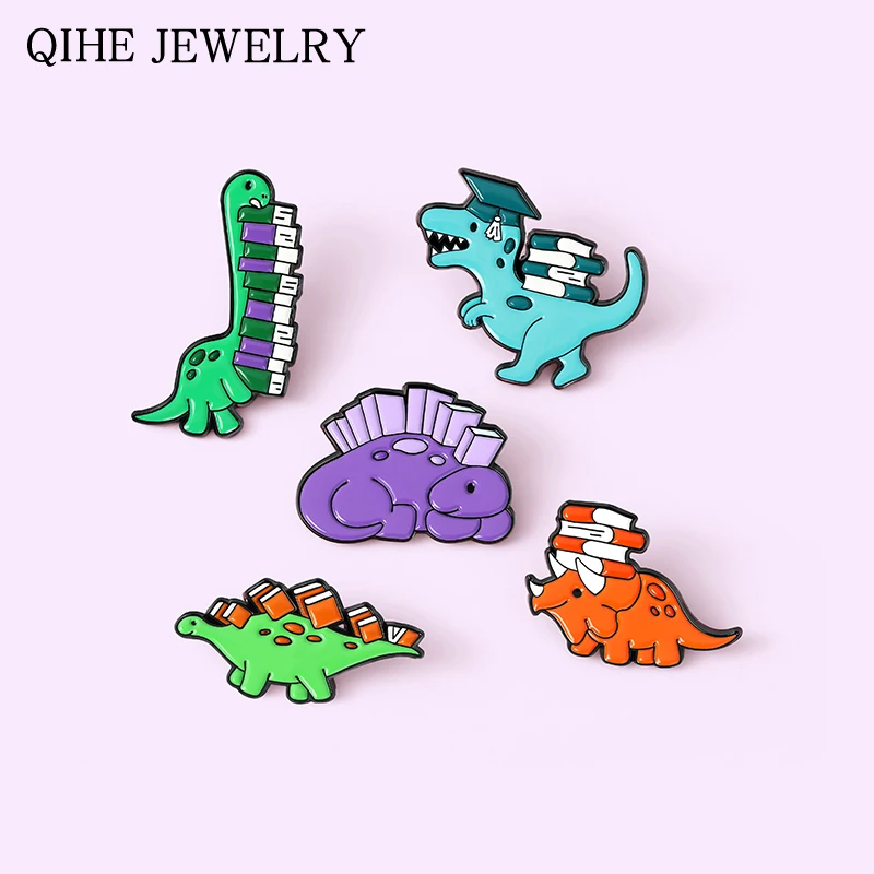 

Cartoon Book Dinosaur Enamel Pins Stegosaurus Tyrannosaurus Brooches for Kids Friends Jurassic Animal Badges Jewelry Wholesale