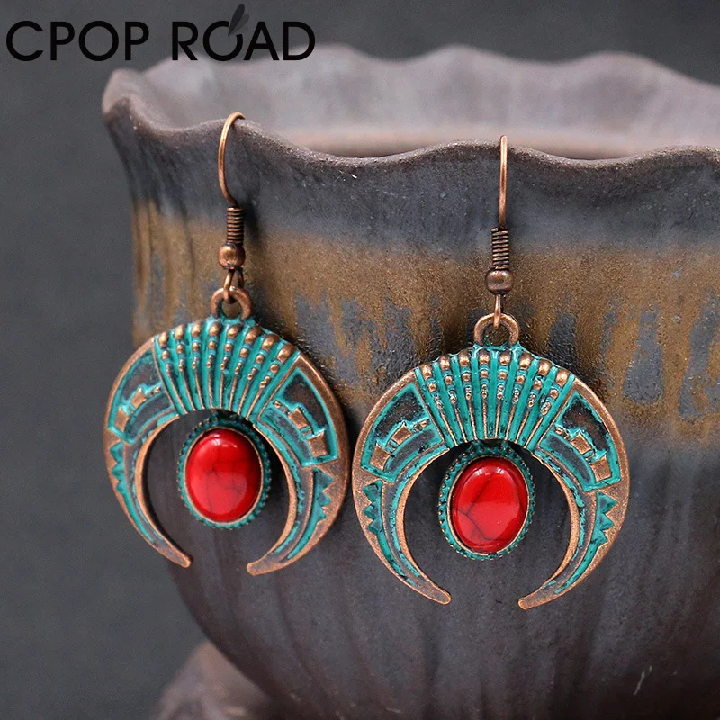 Женские винтажные серьги с Луной Boho красный зеленый камень серьги-подвески в