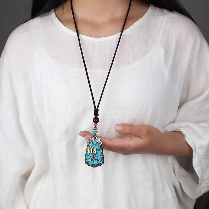 Ожерелье ручной работы из черного дерева с подвеской в виде цепи изображением