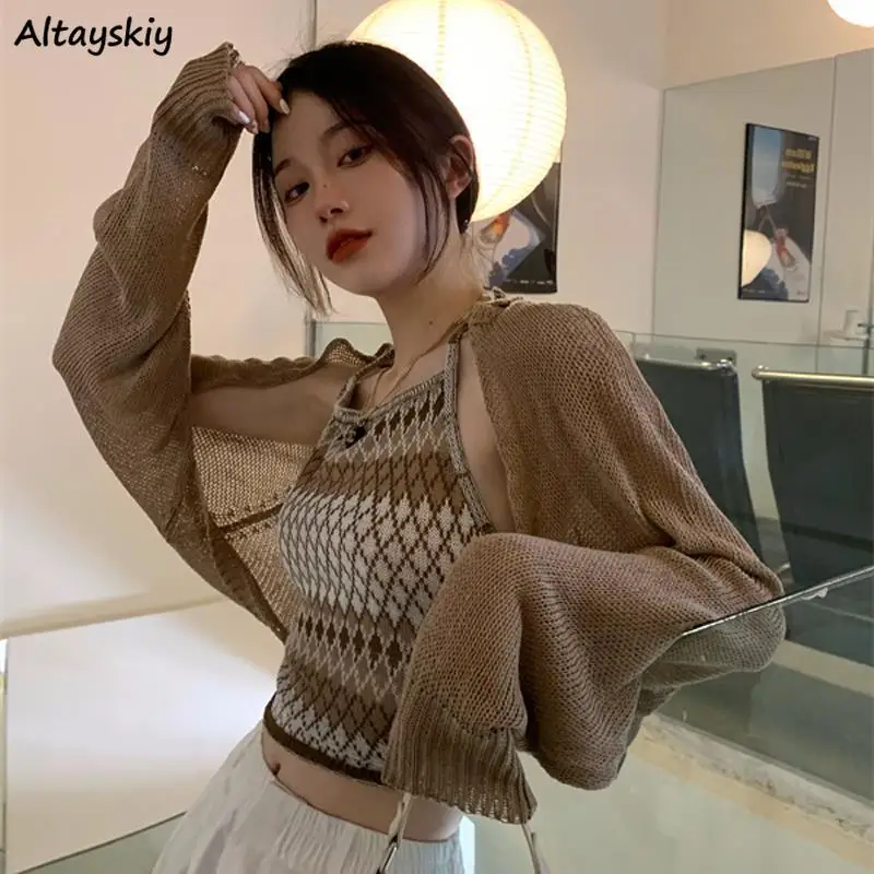 

Women Sets Autumn Vintage Design Slim Cropped All-match Fashion Ladies Camisole Argyle Simple Ins Korean Style Cardigan Harajuku