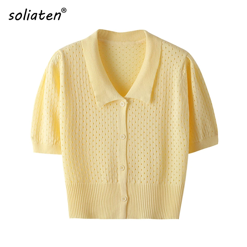 

Women Summer Cool Hollow Out T-Shirt Short Sleeve Female Vogue Knitted Single-Breasted Cardigans Short Tee Tops B-086