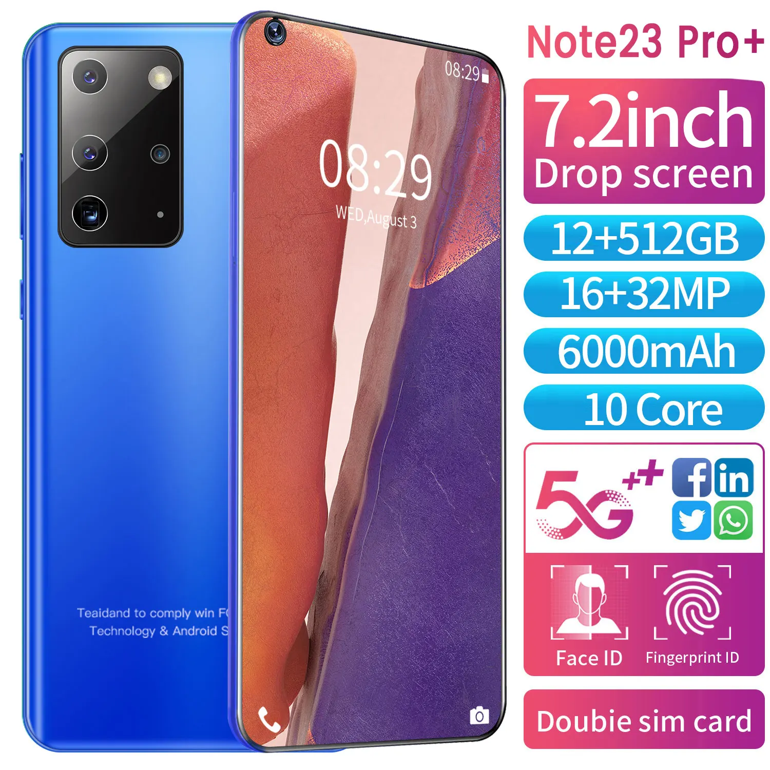 

Brand New Note23 Pro + 7.2 Inch HD Smartphone 12 512GB 6000mAh Battery 16MP+ 32MP Dual SIM Card Camera Fingerprint Face Unlock