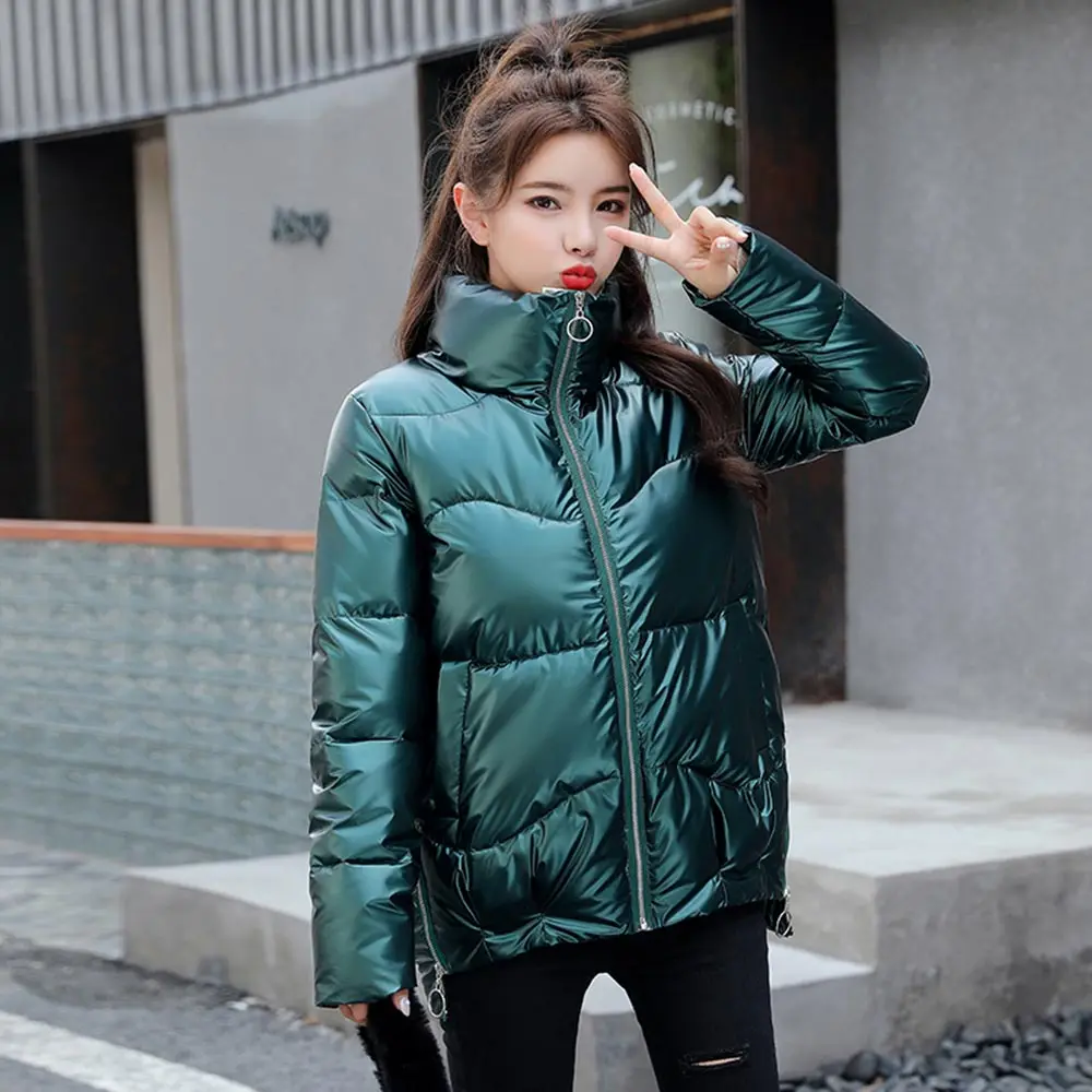 GRELLER 2020 Autumn Women's Winter Coats Fashion Silver Stand Collar Short Parkas Winter Jacket Women Pockets Padded Cotton Coat