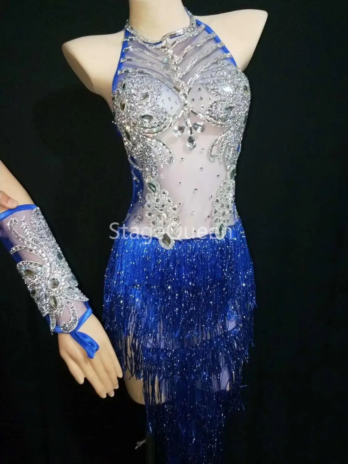 Women Sexy See-through Rhinestones Blue Tassel Bodysuit With Glove Women Nightclub Costume Bar DJ Singer Dancer Stage Wear