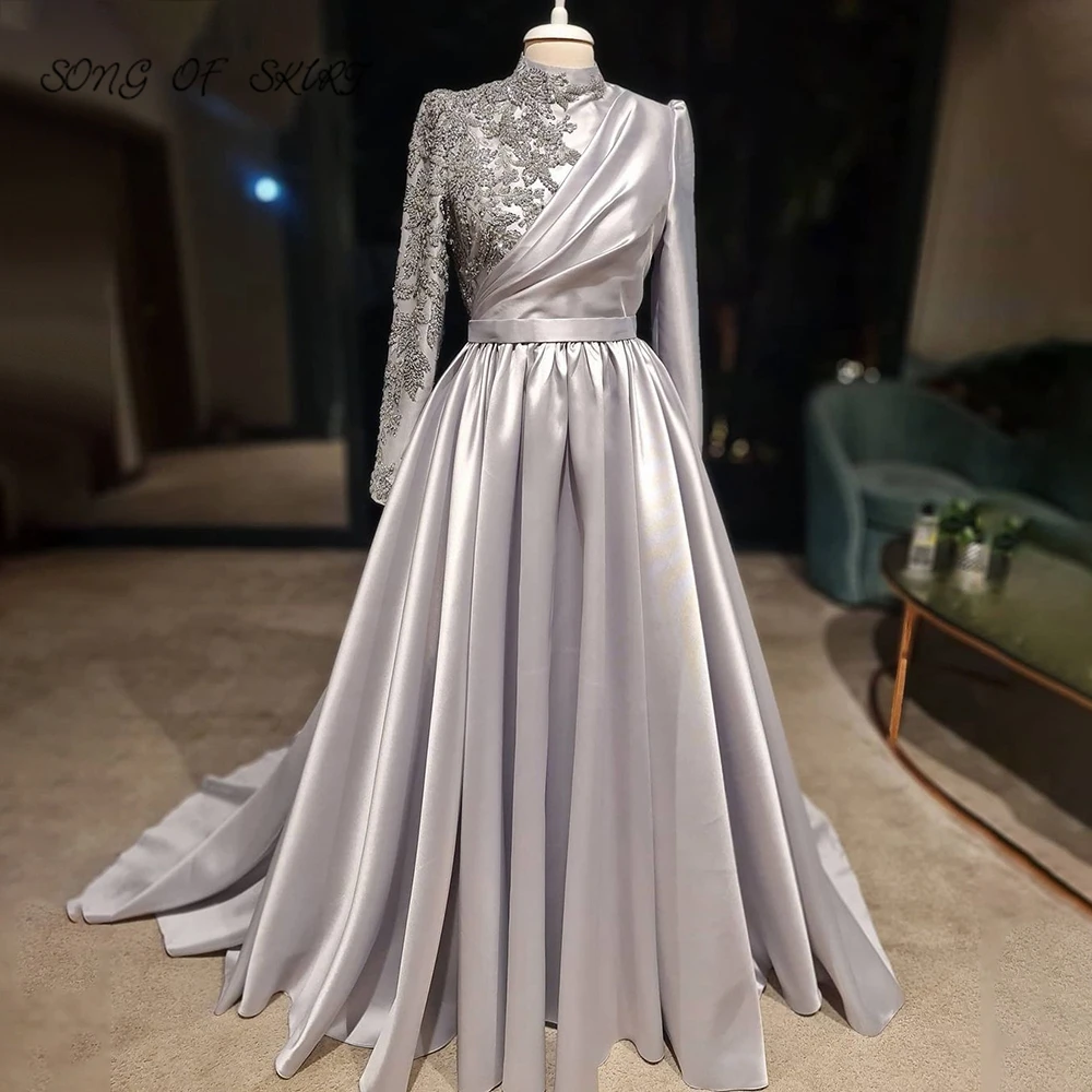 

Elegant High Neck Long Evening Dresses Puff Sleeve Beaded Embroidery Silver Satin Dubai Women Muslim Forma Prom Party Gown