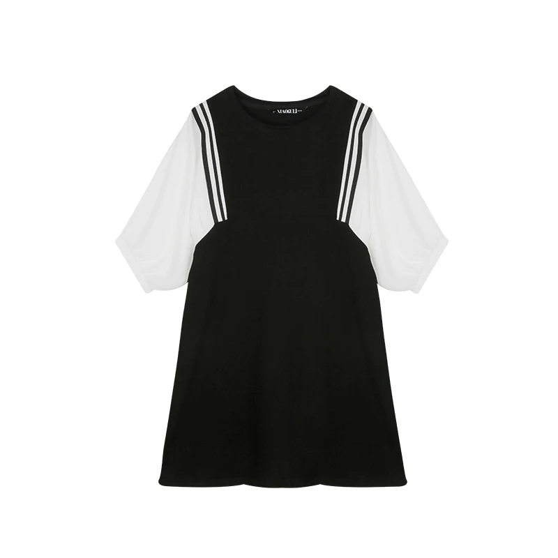 

2021 summer new style stitching college style loose slim skirt black puff sleeve simple fashion dress women