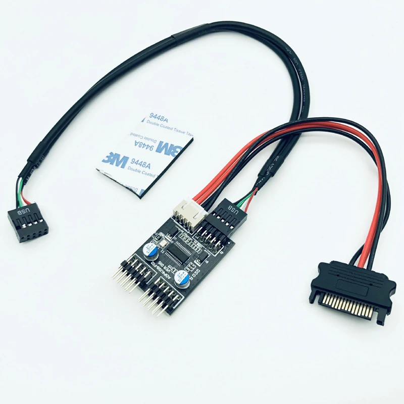 

9Pin USB Header 1 to 2 Card Board Desktop 9-Pin USB HUB USB2.0 9pin Connector Adapter 30cm USB 9Pin Cable + SATA Power Cable NEW