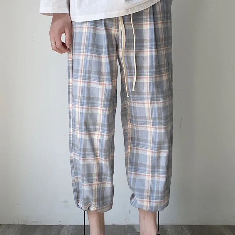 

Summer Thin Cotton Plaid Pants Men's Fashion Retro Contrast Color Casual Pants Men Streetwear Wild Loose Straight Pants M-5XL