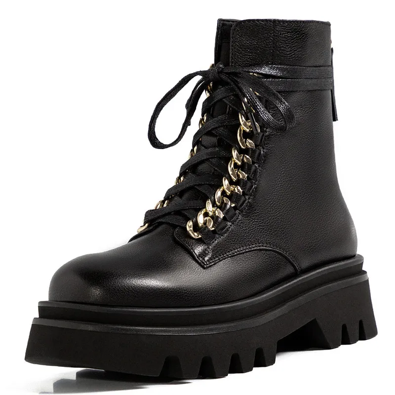

New Fashion Flat Platform Women Ankle Motorcycle Boots Matel Chian Cow Leather Soft Ladies Shoes Round Toe Riding Booties