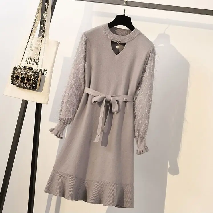 Женское вязаное облегающее платье размера плюс 4XL, лоскутное, с кисточками, с длинным рукавом, модное, с высокой талией, с оборками, вязаное платье Vestidos - Цвет: As Picture Show