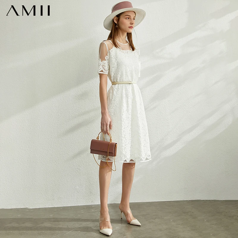 

AMII Minimalism Spring Summer Lace Design Oneck Fashion Women Dress Causal Solid Female Knee-length Dress 12070237