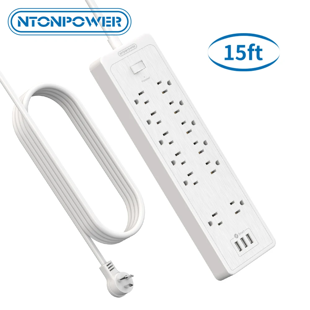 

NTONPOWER Surge Protector Power Strip with USB 12 Outlets 3 USB Ports With 15ft Extension Cord For Home/Office/Dorm Room
