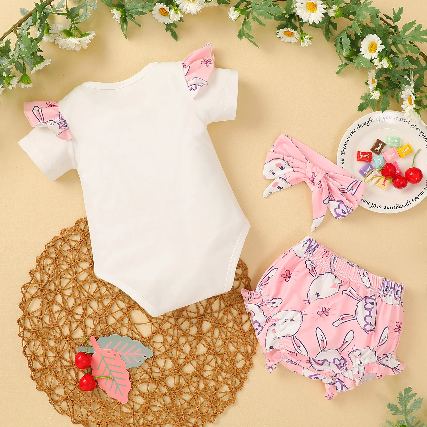 

lioraitiin 0-18M Newborn Infant Baby Girl Easter 3Pcs Clothing Set Short Sleeve Letter Printed Romper Top Shorts Headband