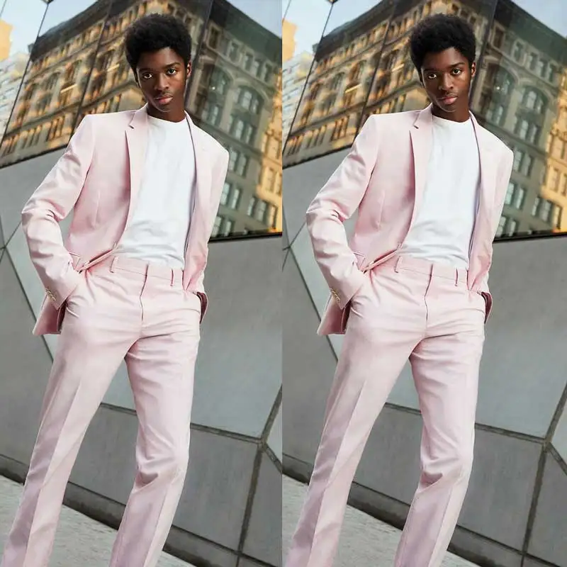 2022 Latest Design Notch Lapel Men's Pink Suits 2 Pieces Slim Fit Custom Made Fashion Trendy Wedding Costume Formal Wear Blazer